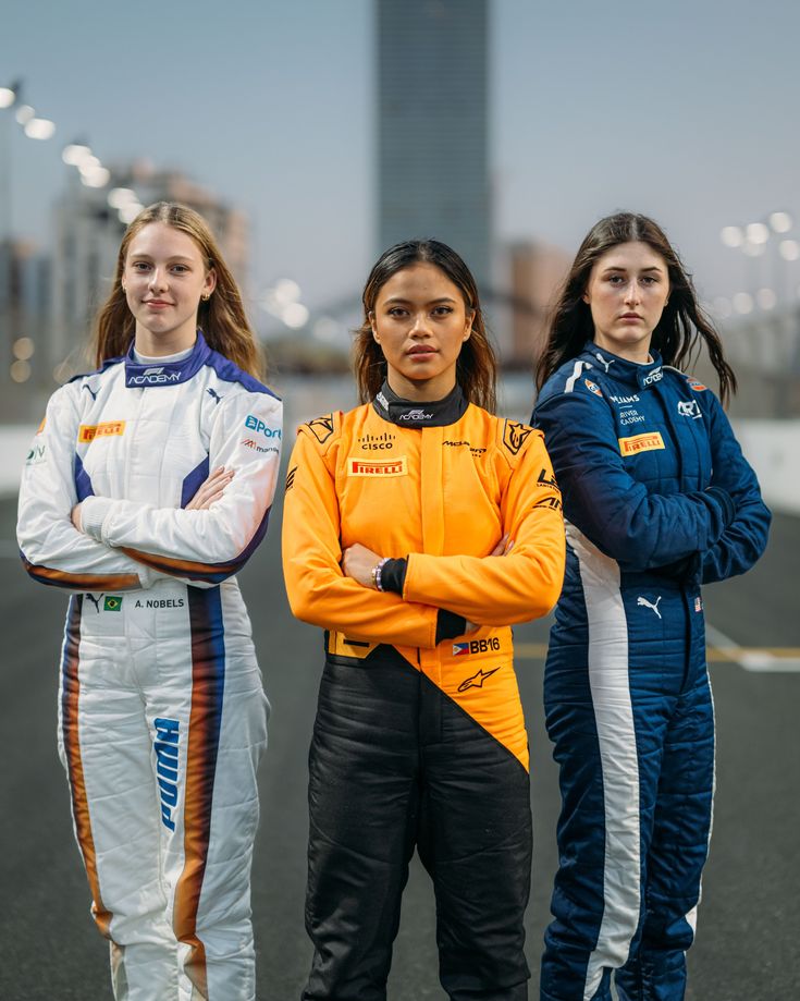 F1 Academy drivers Aurelia Nobels, Bianca Bustamante, and Lia Block