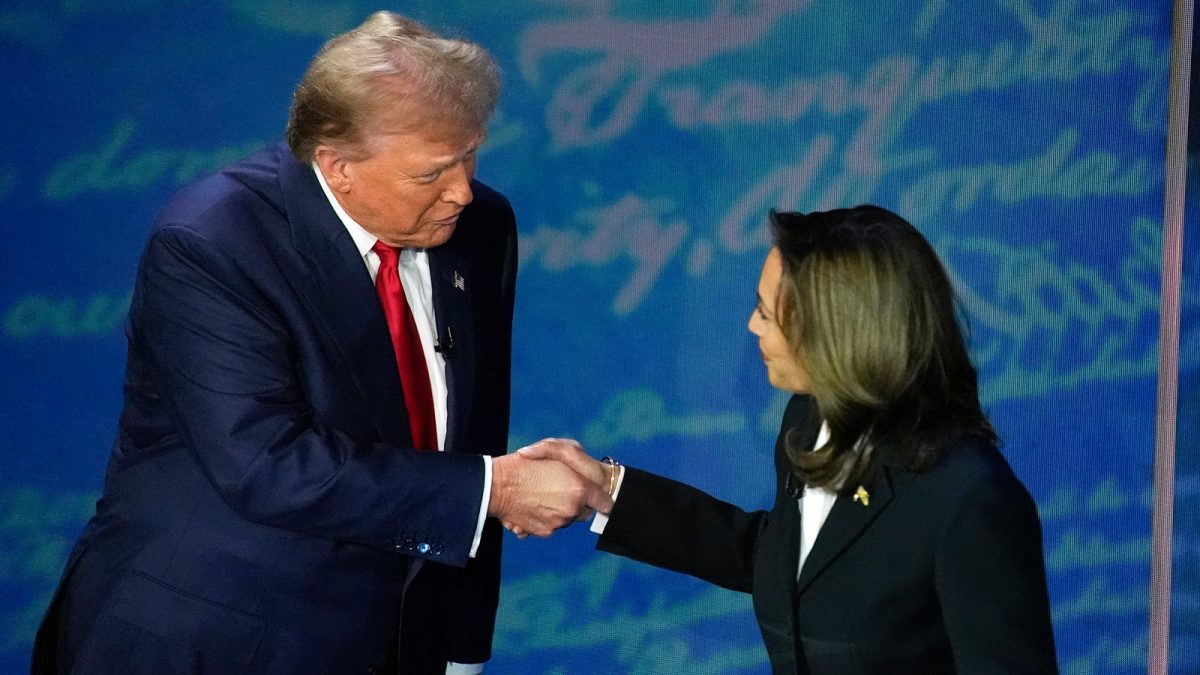 Donald Trump and Kamala Harris shake hands at the first presidential debate