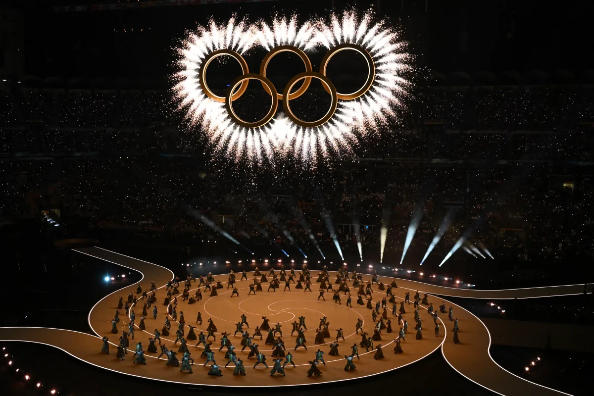 The Olympic rings during the opening ceremony c/o NPR