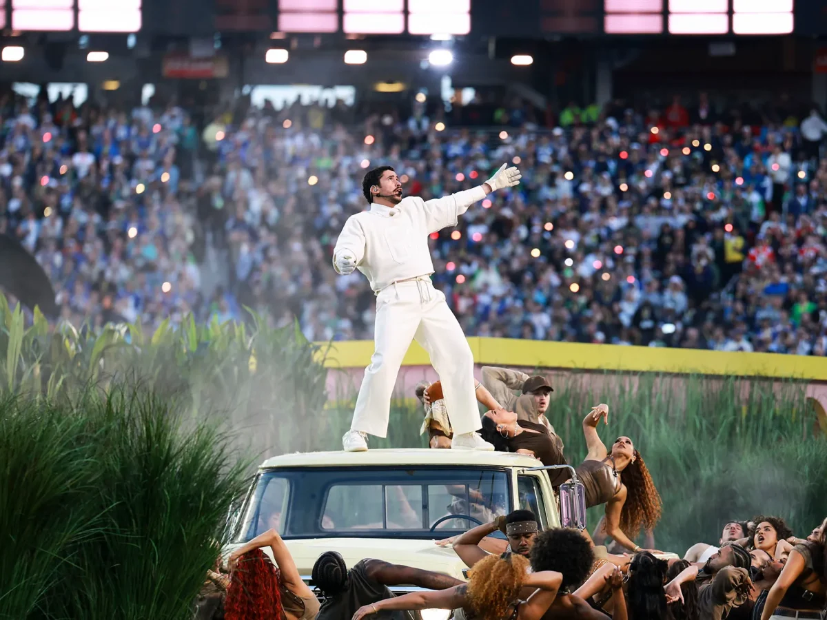 Bad Bunny performing at the Super Bowl. c/o The New Yorker